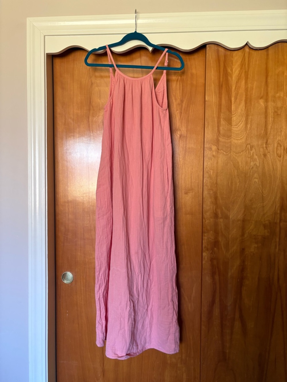 Quince organic cotton Coral Pink Summer Dress with Thin Straps